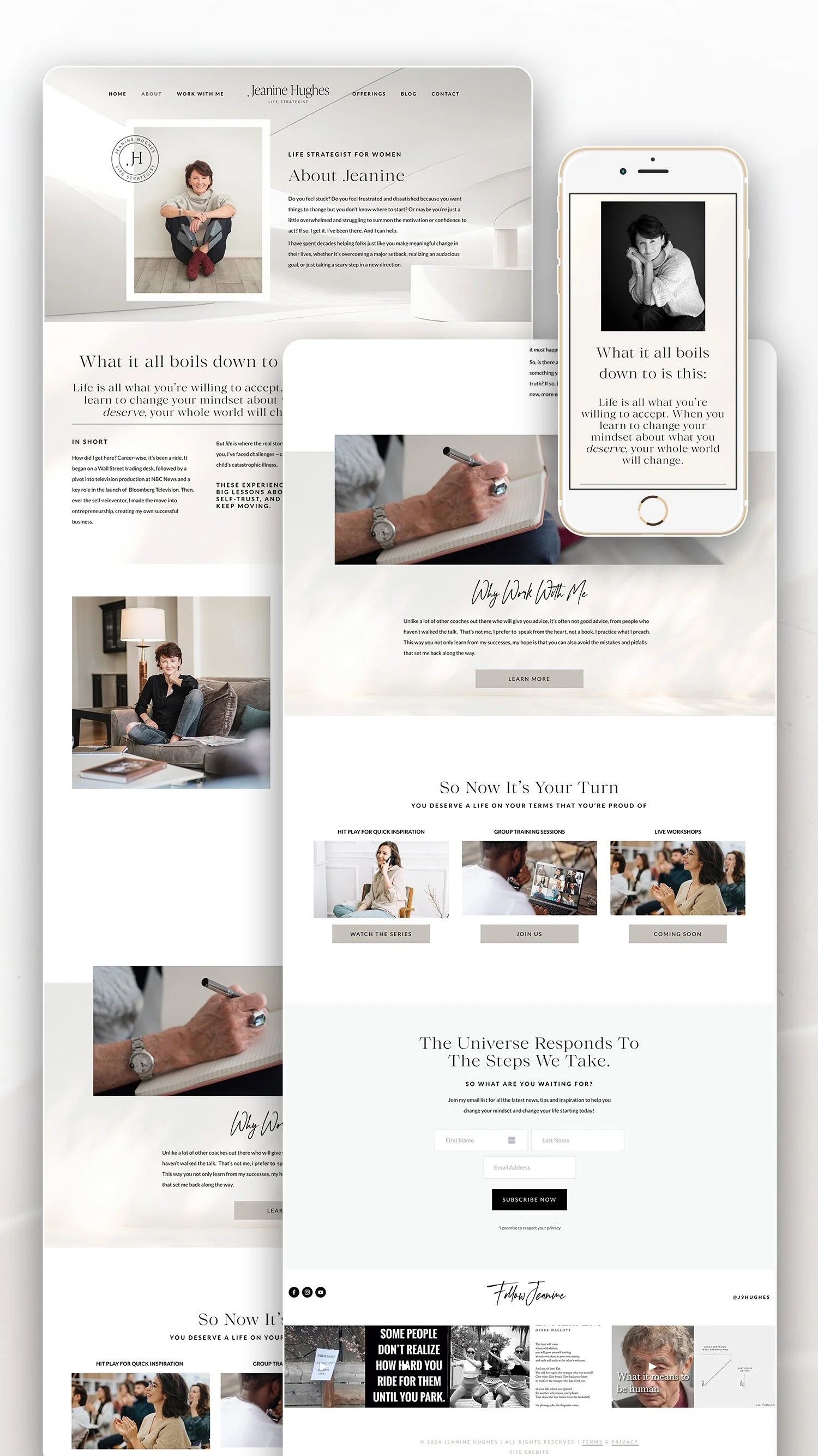 A website homepage design for Jeanine Hughes, a life strategist for women, with sections about her services, a photo of her sitting on a couch, and the mobile website design.