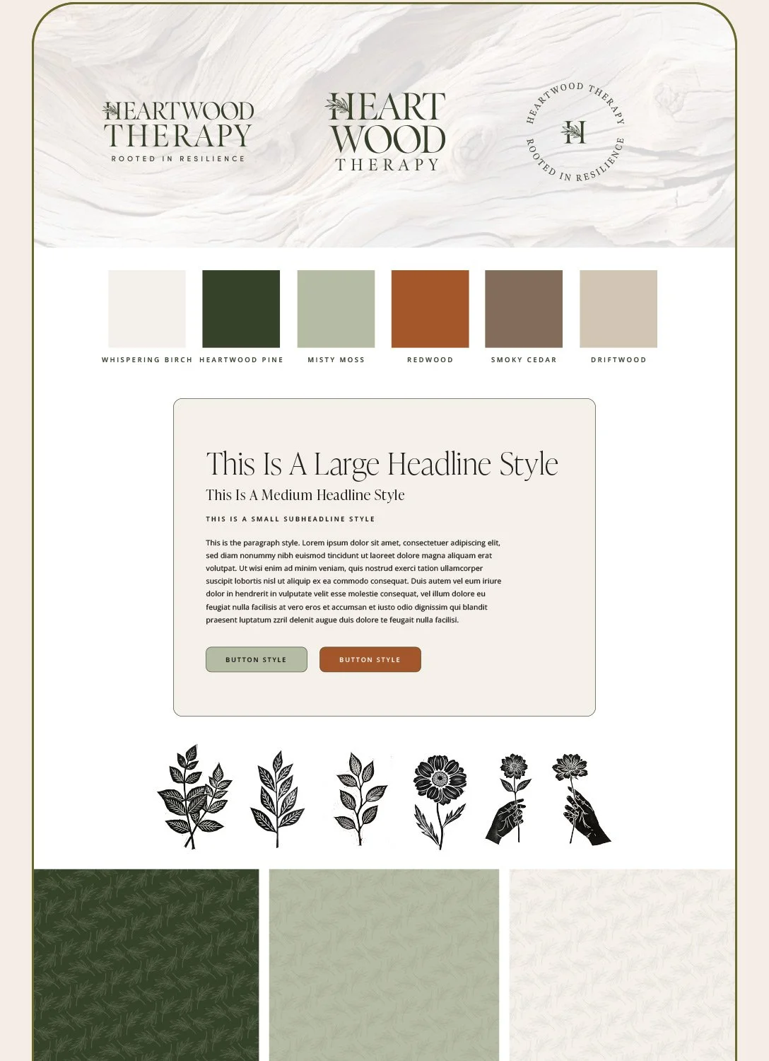 Logo & branding design layout for Heartwood Therapy featuring color palette, headings, paragraphs, buttons, black silhouette botanical illustrations, and fabric texture.