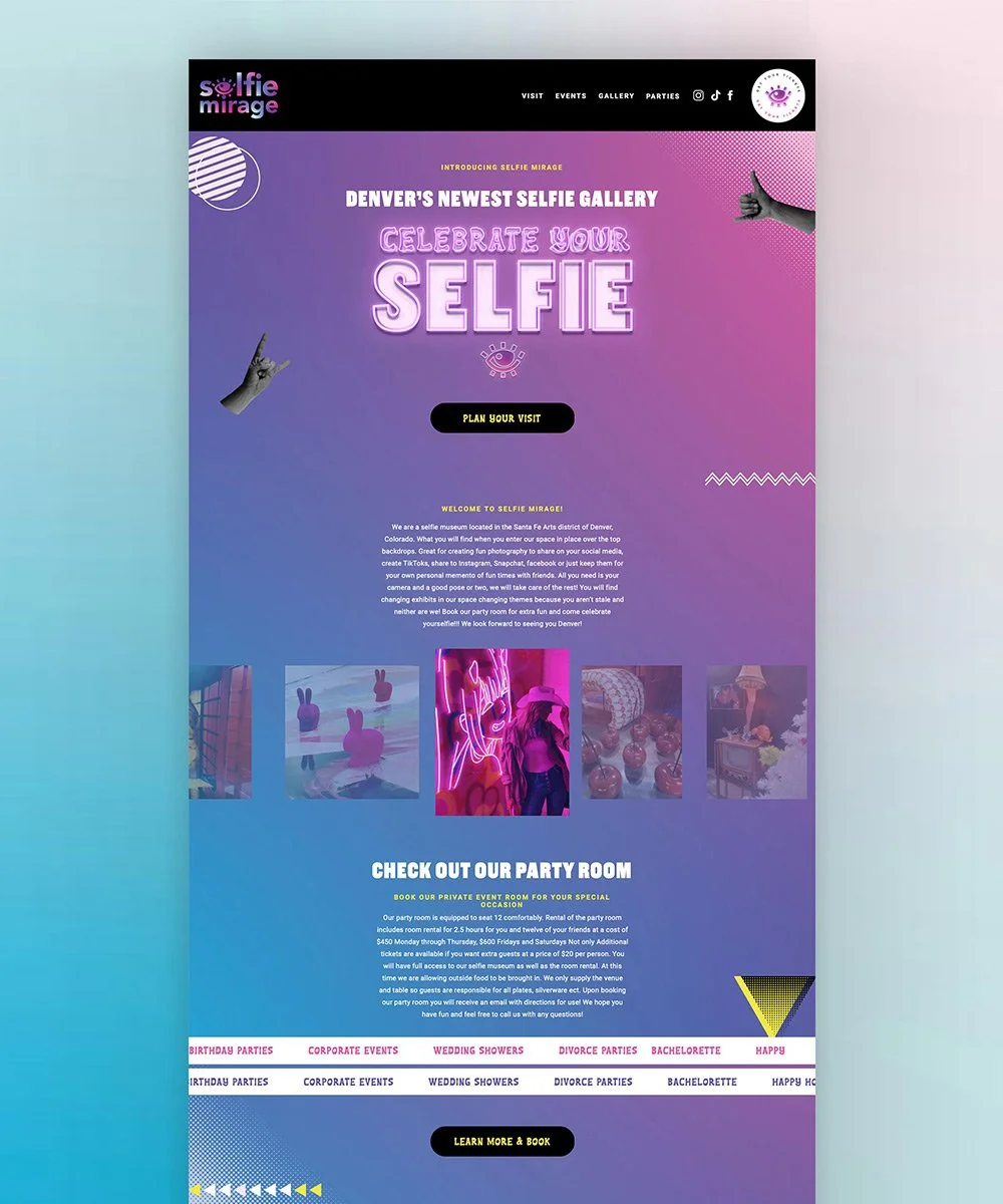 A colorful website design promoting a selfie gallery in Denver, with neon graphics, images of pink bunny floaties, and a party room. Includes sections for events, parties, and booking information.