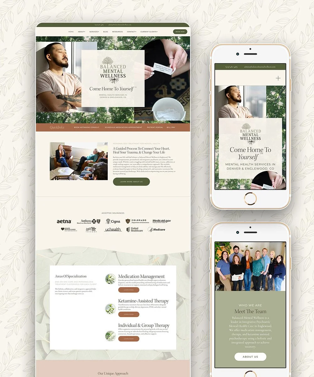 Screenshots of a mental health wellness website design displayed on a computer and two smartphones, featuring images of people, information about services, team, and contact details.