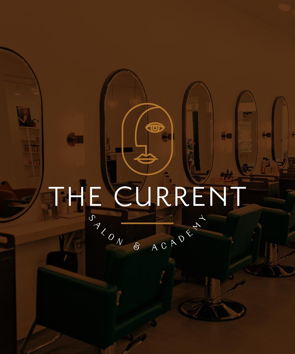 Logo design and interior of a modern salon with green chairs, mirrors, and salon stations, branding for 'The Current Salon & Academy'