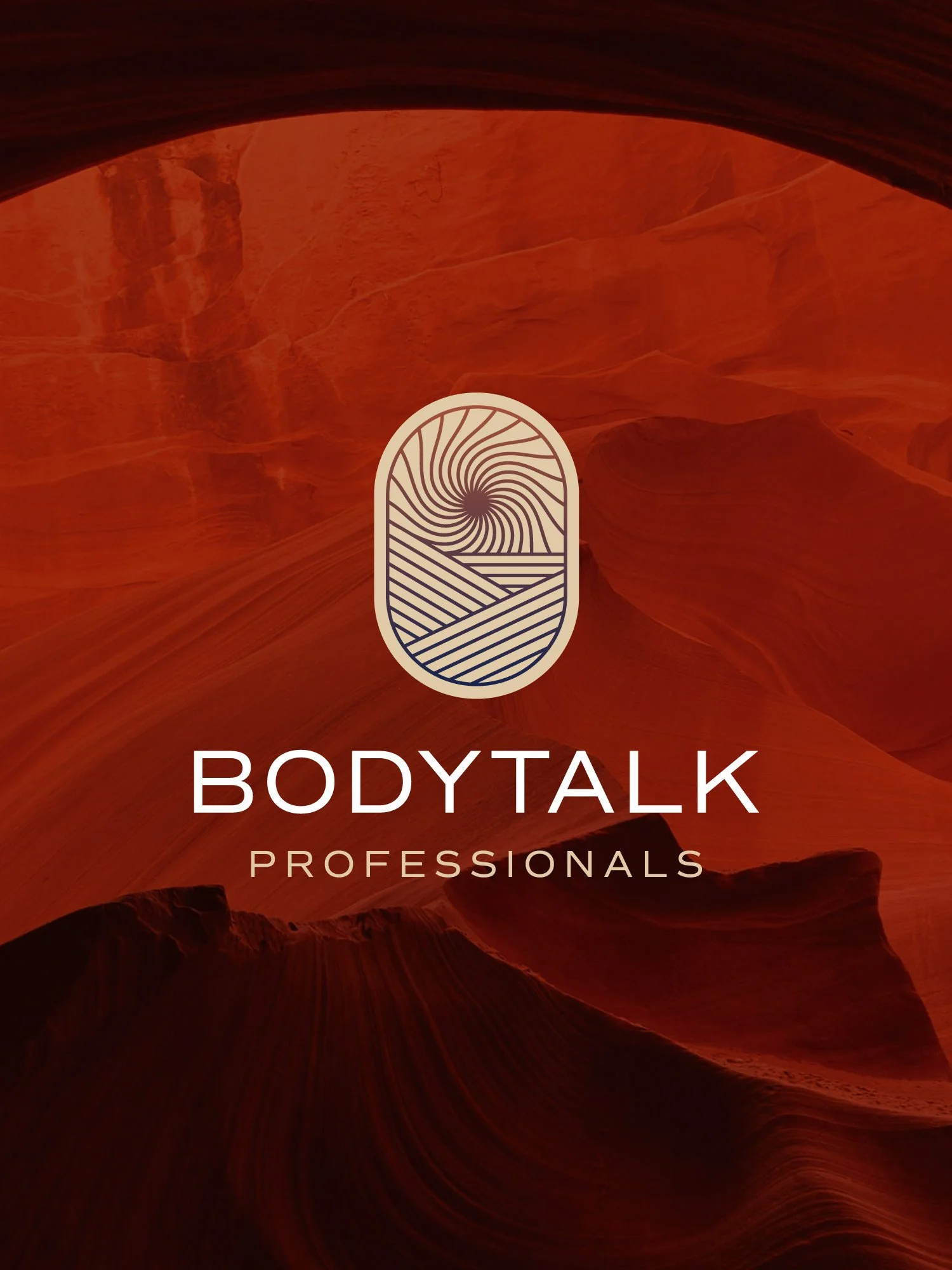 Logo design for BodyTalk Professionals with a stylized circular design resembling a swirling pattern and landscape lines, set against a red sandstone canyon background.