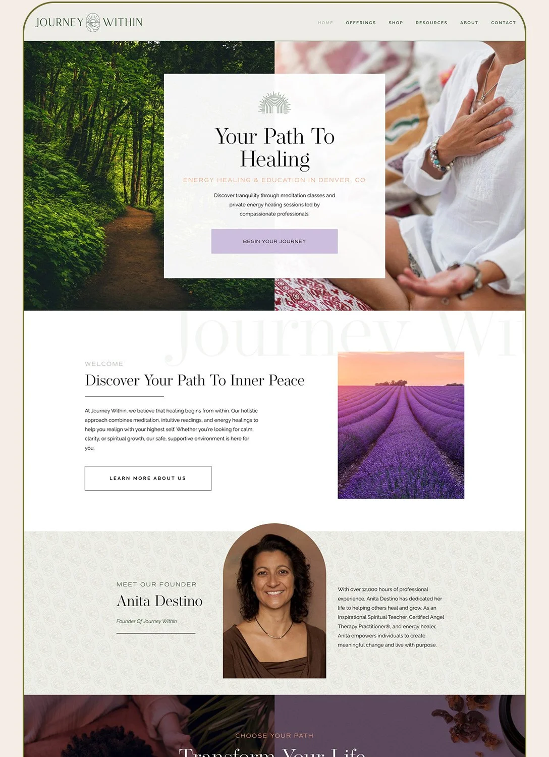 Webpage design for Journey Within promoting energy healing and inner peace in Denver, Colorado, featuring a nature trail, a woman practicing meditation, a lavender field at sunset, and a photo of founder Anita Destino.