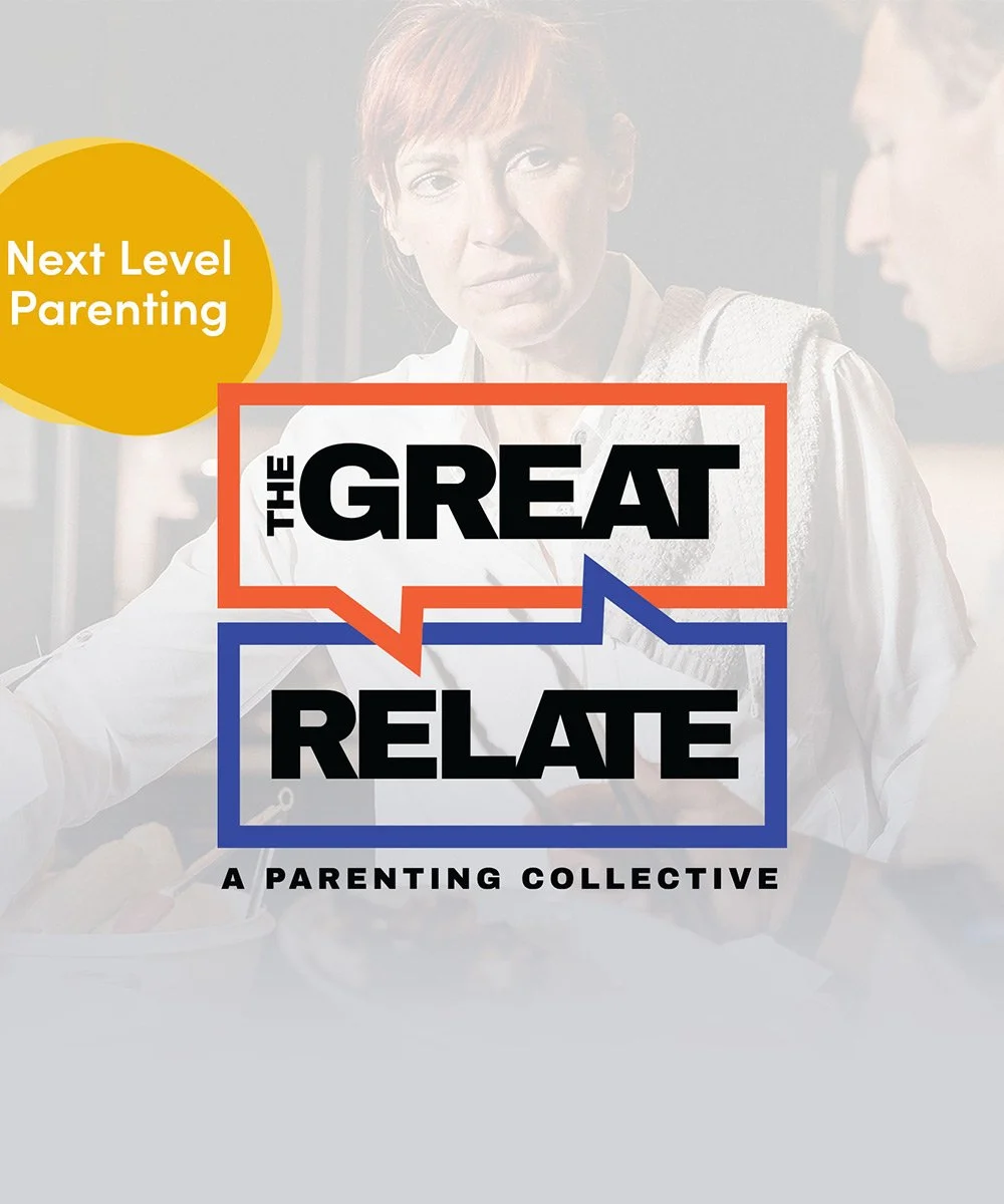 Logo design for 'The Great Relate,' a parenting collective. The background shows a woman and a child in a kitchen. 