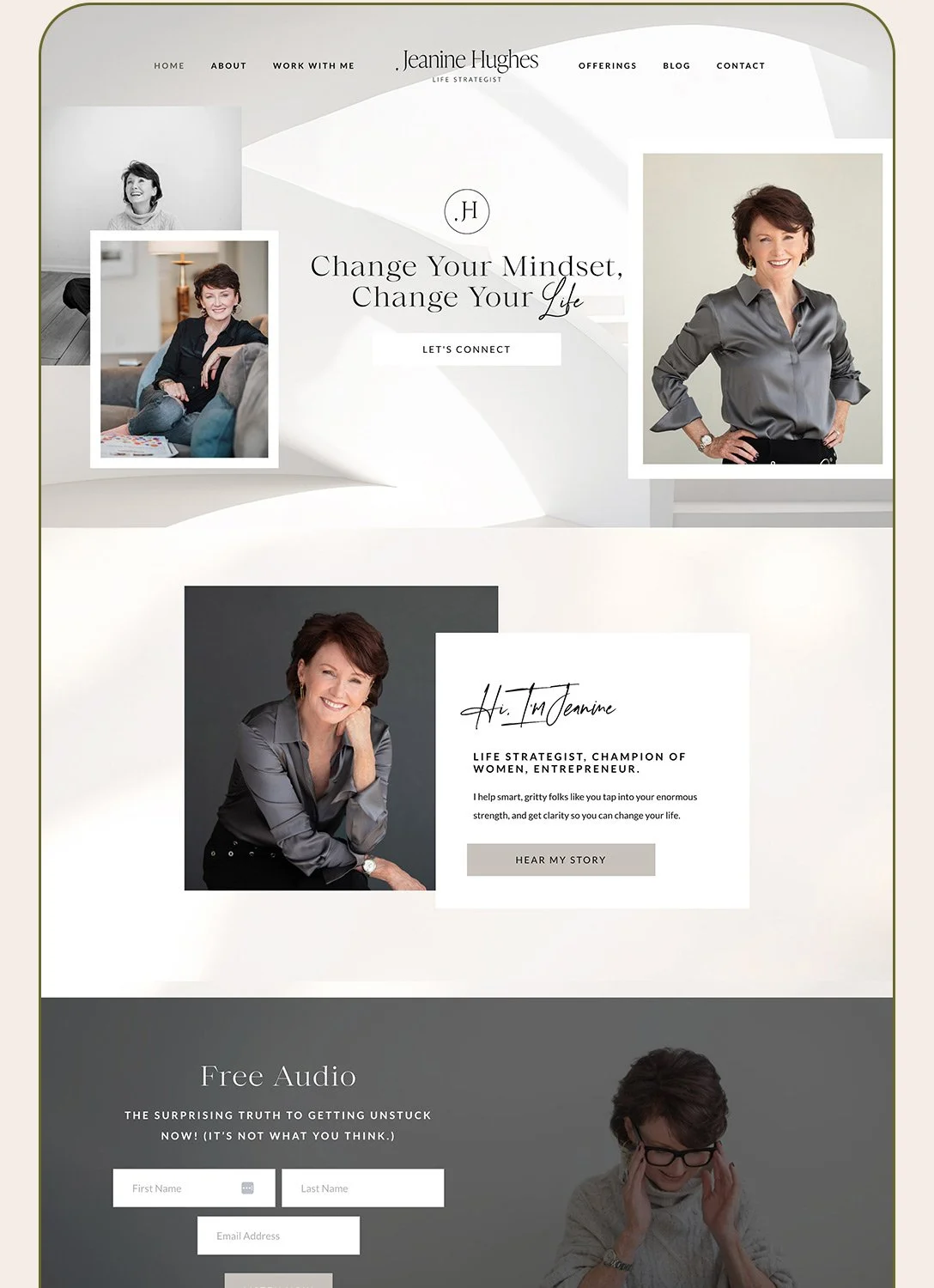 Website homepage design for Jeanine Hughes, a life strategist and life coach, featuring images of her, her introduction as a champion of women and entrepreneurs, and a free audio sign-up form.