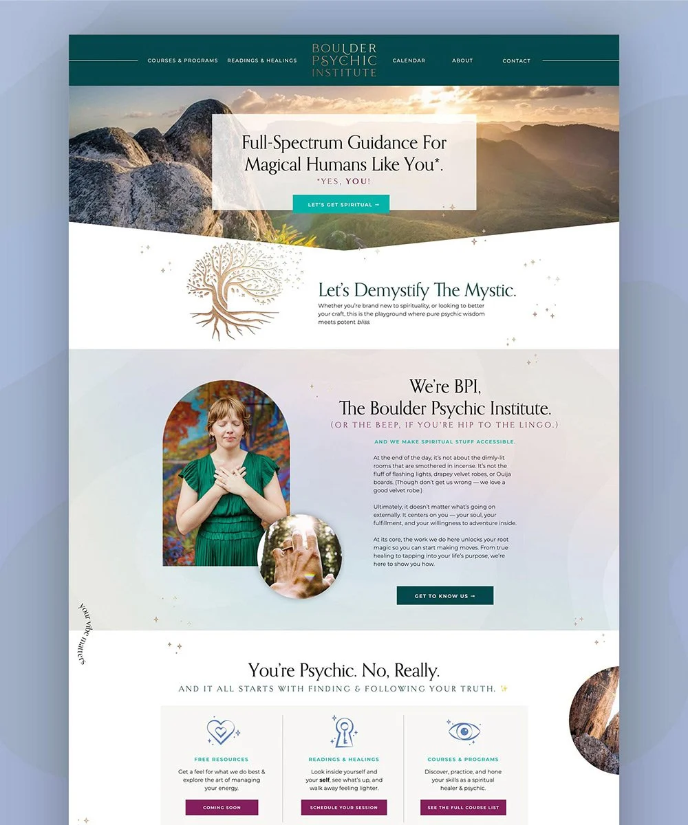 Screenshot of the Boulder Psychic Institute's website homepage design, featuring a scenic mountain landscape at sunset, with sections about spiritual guidance and psychic services.