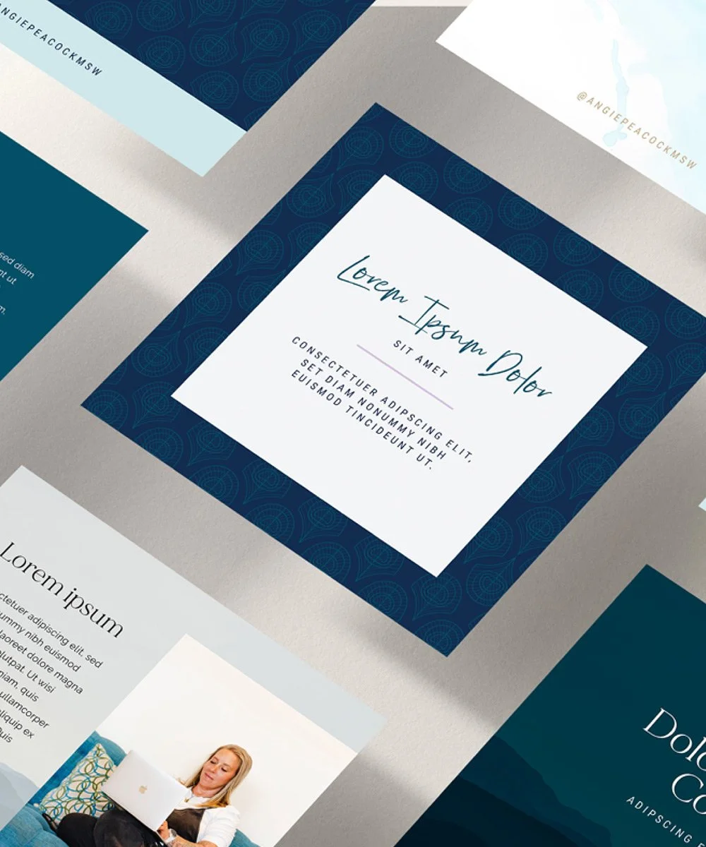 Social media post templates with designs and text, including a woman sitting on a couch using a laptop.