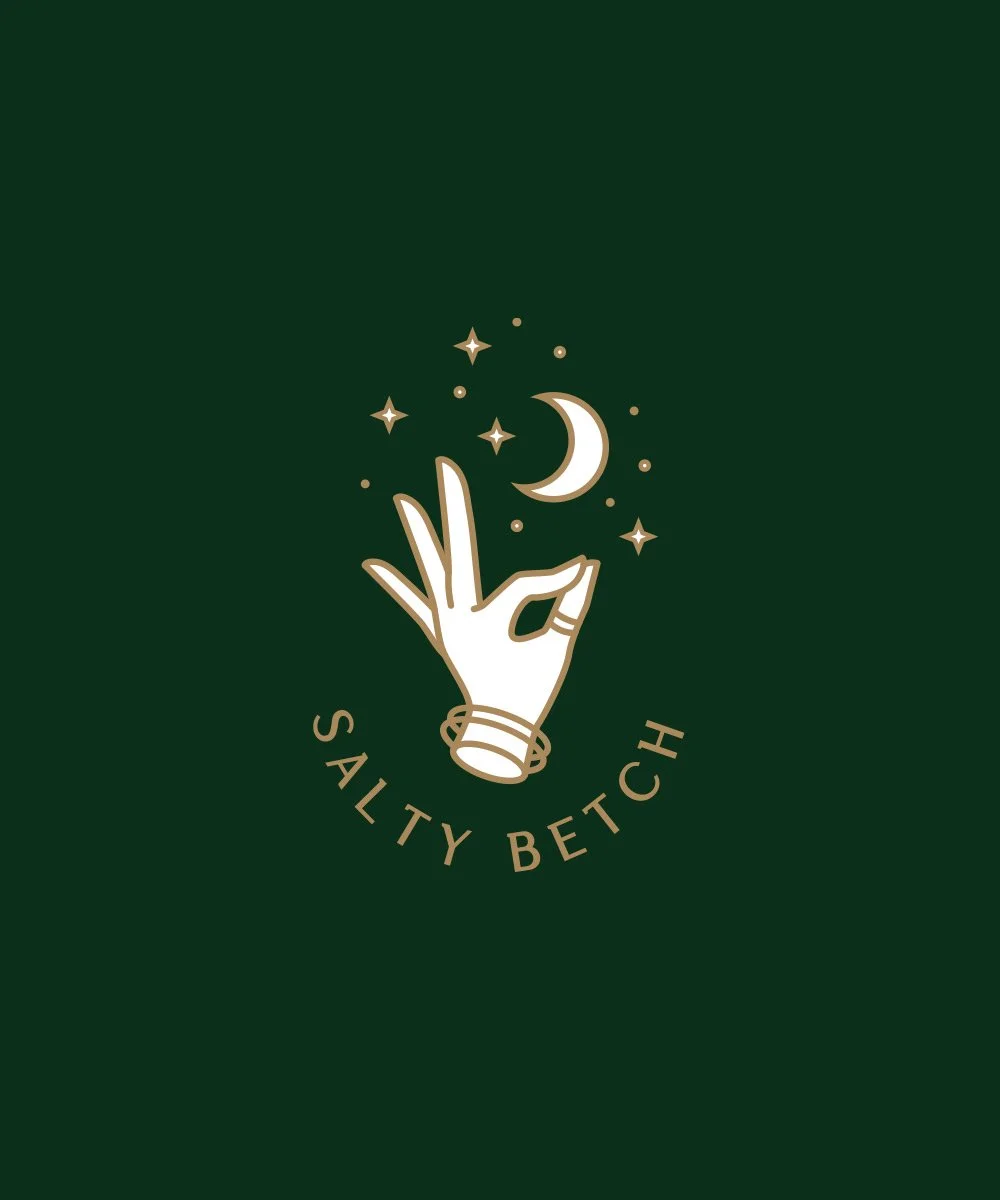 Logo design featuring a white hand making an OK gesture, with a crescent moon and stars above, and the text 'Salty Betch' curved below, set against a dark green background.