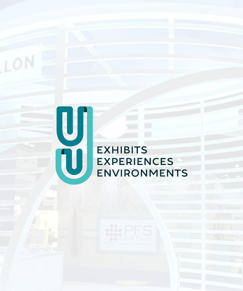 Logo design with the letter 'Y' and the words 'Exhibits, Experiences, Environments' on a background of an indoor architectural structure with curved lines.