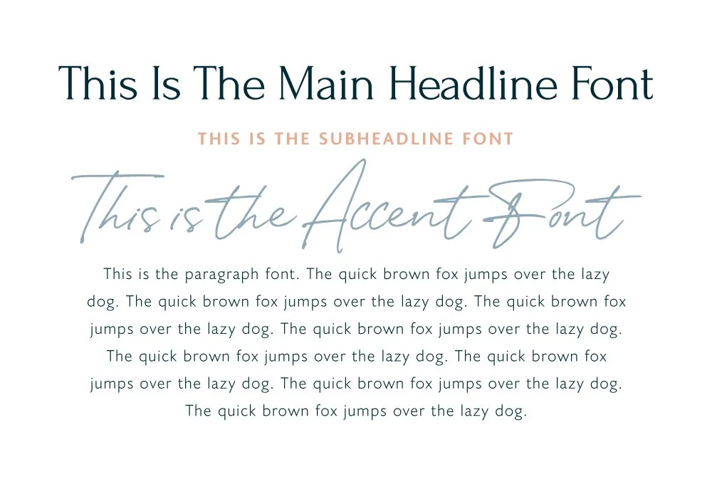 Sample image showing typography suite for Williams Law: main headline in large serif font, subheadline in smaller uppercase font, accent text in cursive font, and paragraph in regular font, all on a white background.