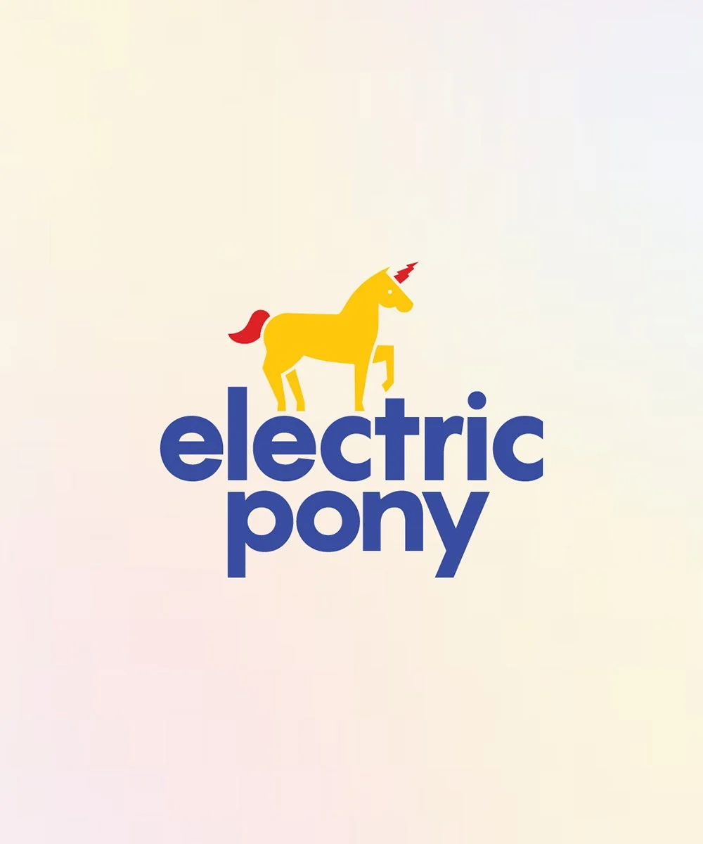 Logo design of a yellow unicorn with a red mane and a red lightning bolt horn, standing on the words "electric pony" in blue text.
