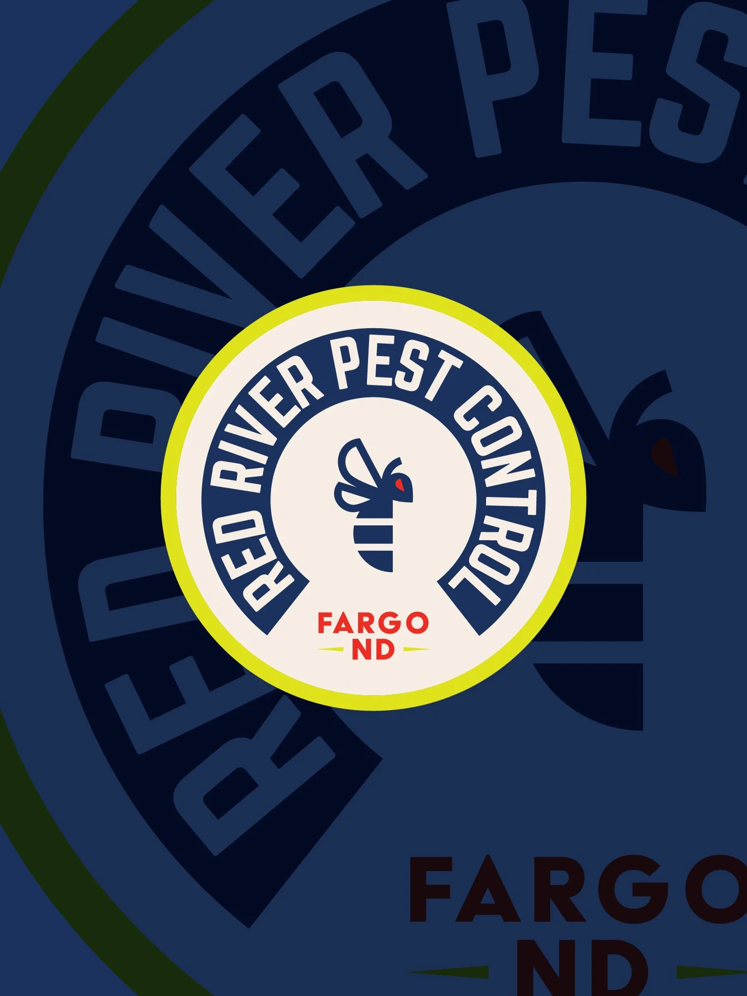 Logo design of Red River Pest Control in Fargo, North Dakota, featuring a stylized pest and circular text.