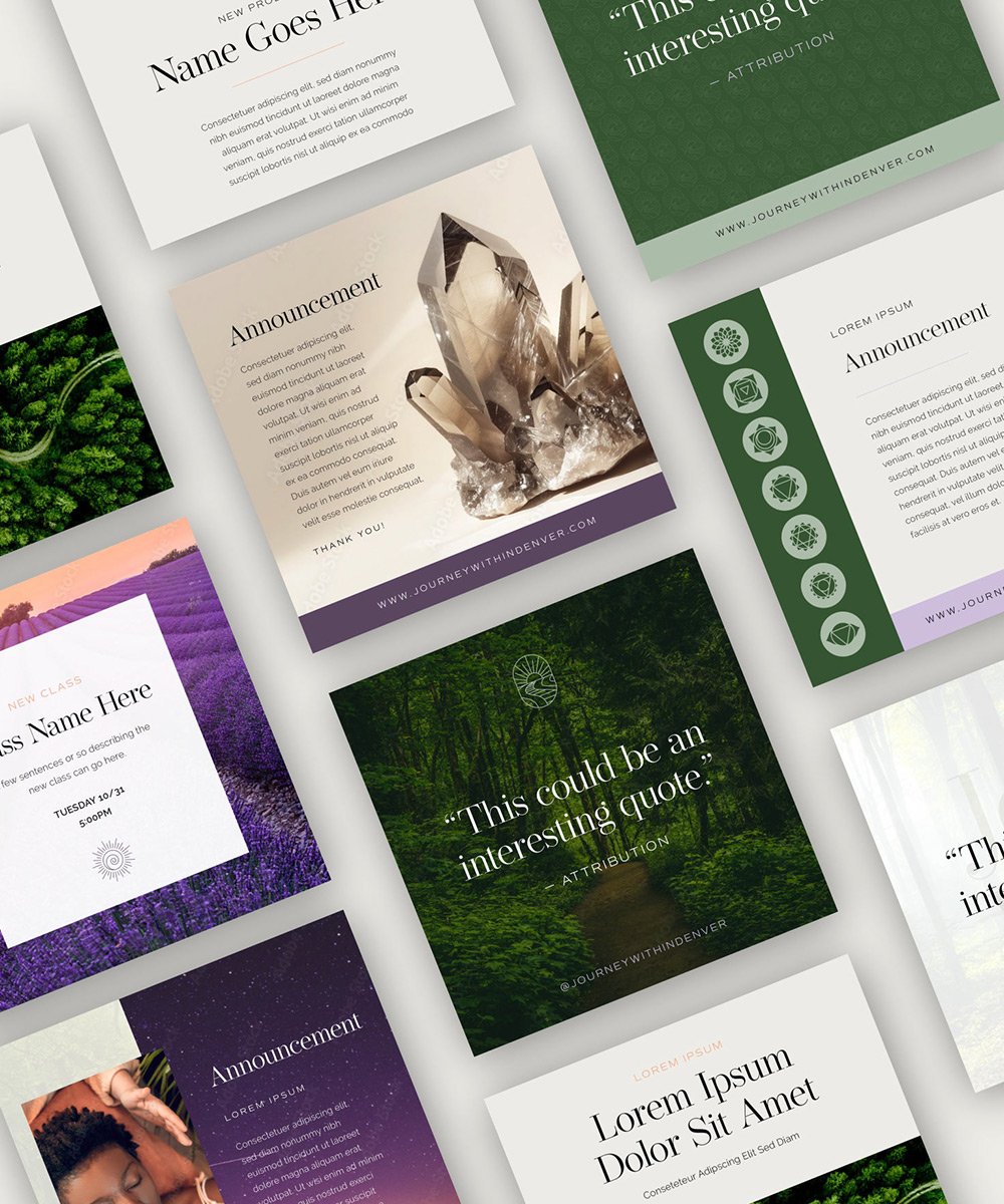A collection of social media templates with various designs, backgrounds, and placeholder text, including quotes, announcements, and images of nature and crystals.