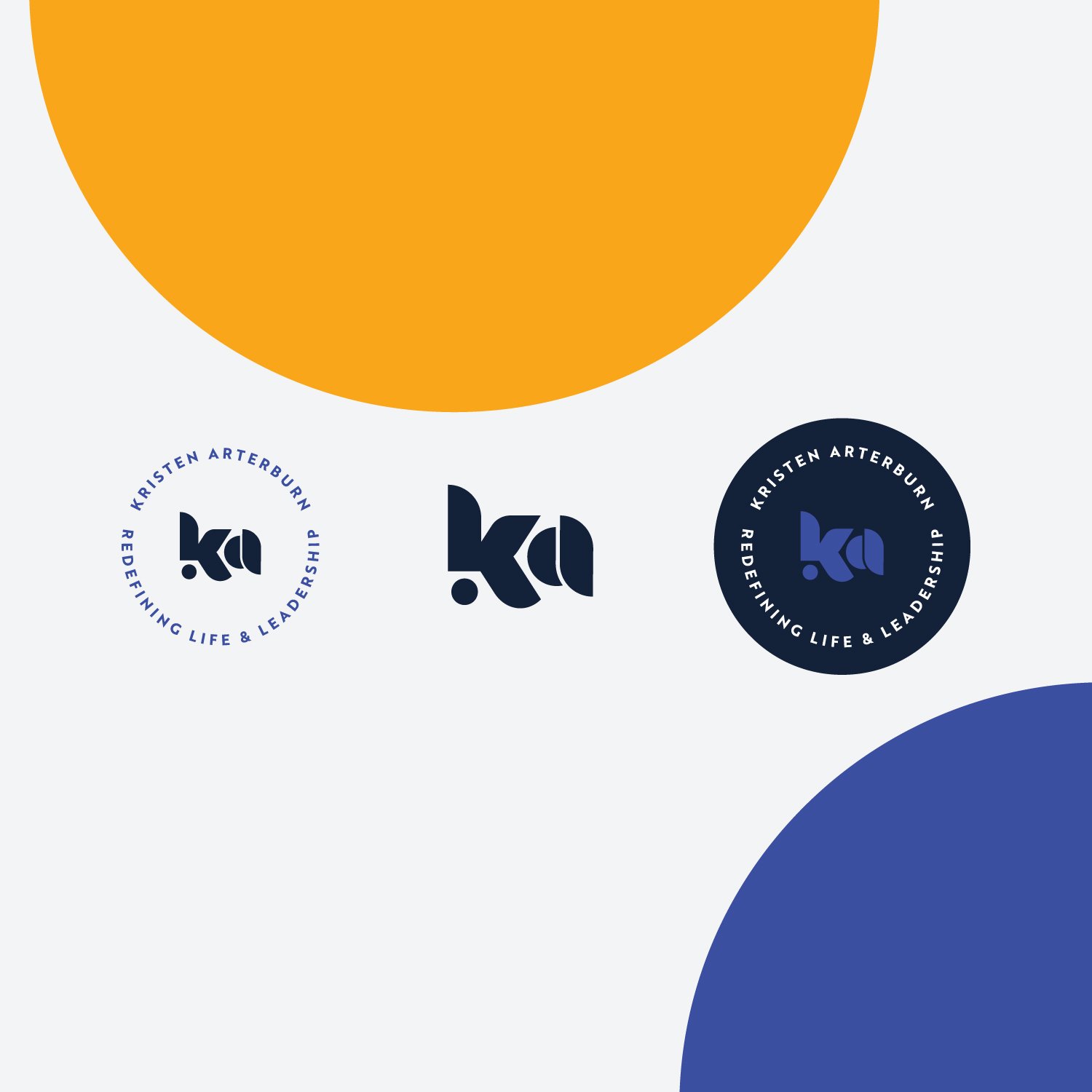 Design featuring three logo design layouts with the name "Kristen Arterburn" and the slogan "Redefining Life & Leadership," set against a background with large orange and blue circles.