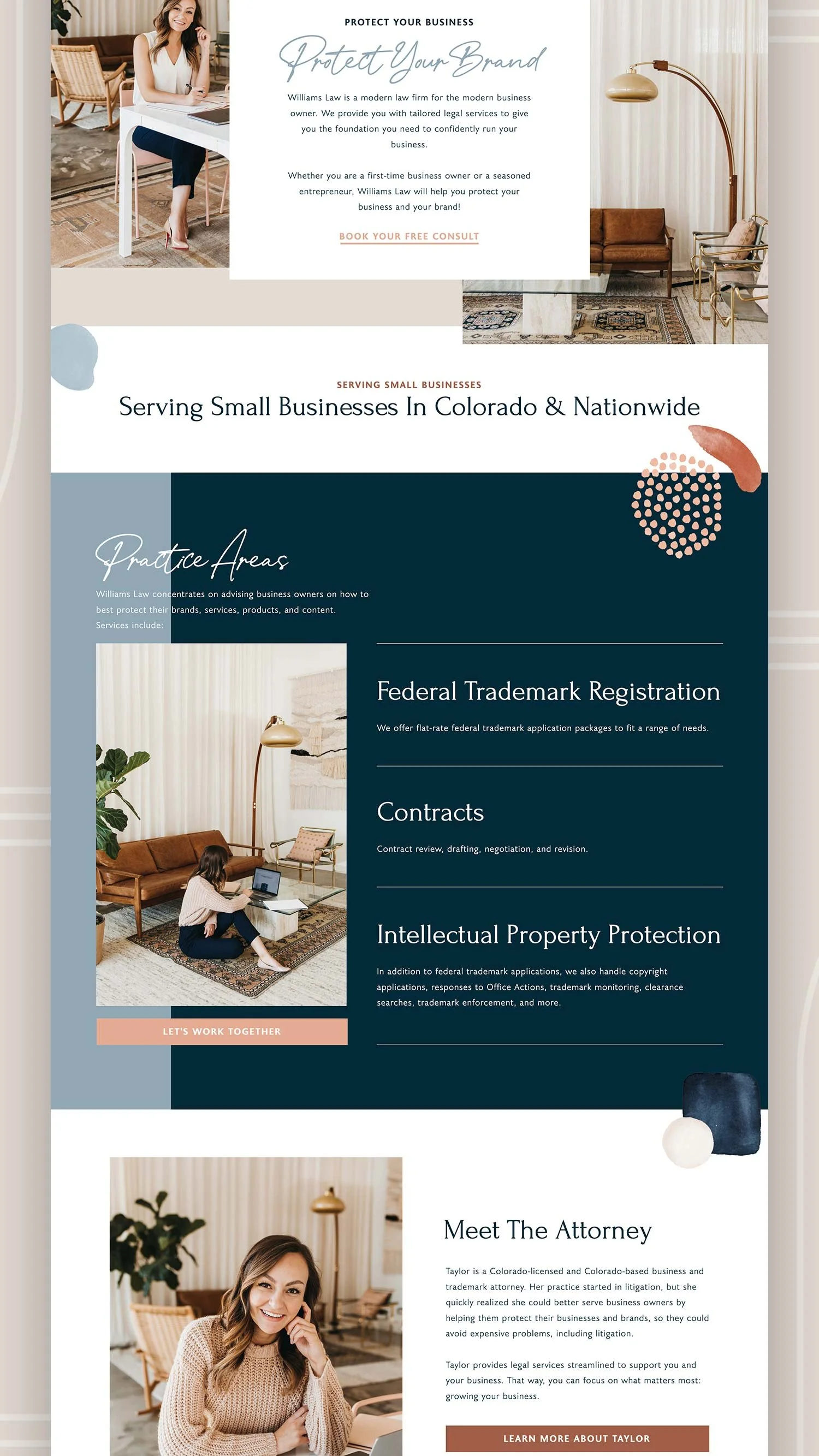 A business website design promoting legal services for small businesses, with images of a smiling woman at a desk and a woman sitting on the floor with a laptop in a cozy office space.