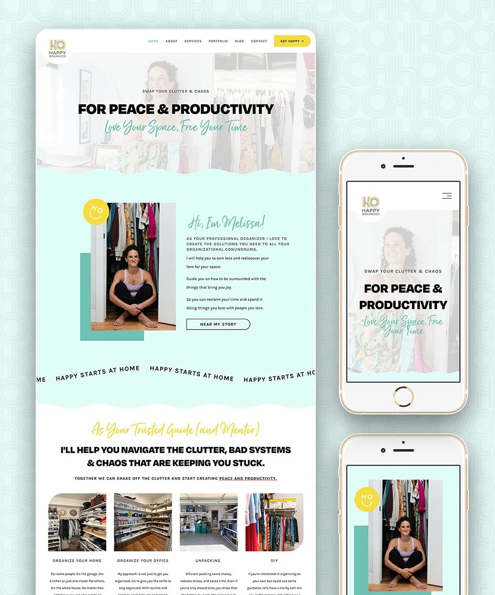 Screenshot of a website design for a professional organizer, displaying a woman sitting in her closet, with text promoting clutter and chaos management for peace and productivity, and mobile view of the same webpage.