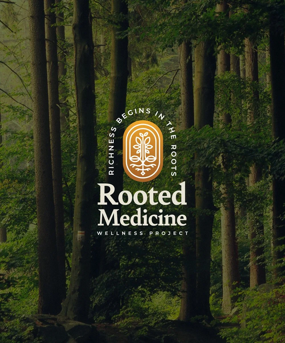 Logo design for Rooted Medicine Wellness Project with a forest background, featuring a stylized tree within an oval and the text "Richness begins in the roots" above, and "Rooted Medicine Wellness Project" below.