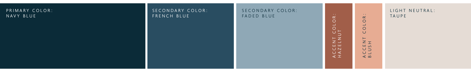 Color palette design with six labeled color swatches: navy blue, French blue, faded blue, hazelnut, blush, and taupe.