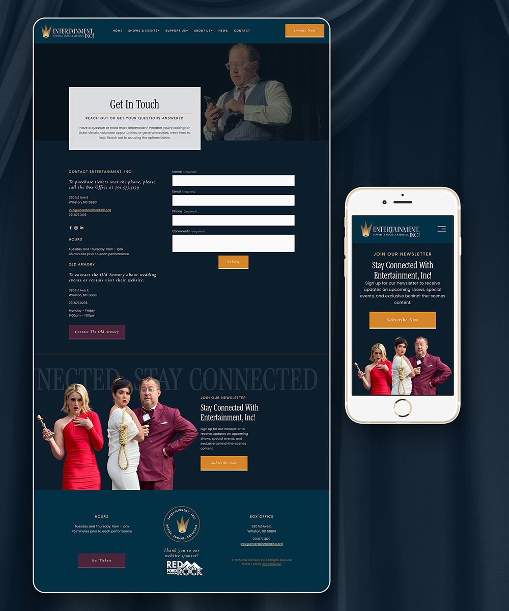 A desktop website design and a mobile phone screen displaying the homepage of Entertainment Inc., a theatre client of Six Leaf Design