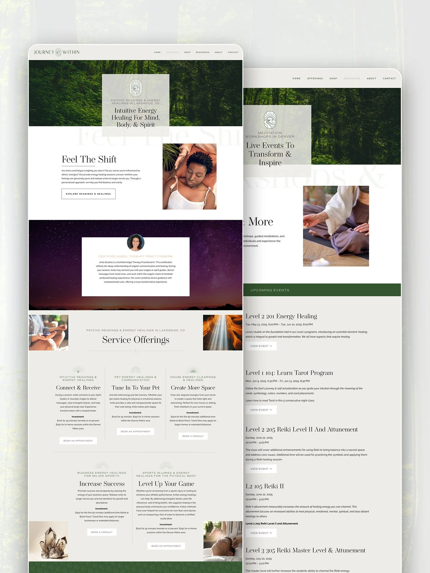 Two overlapping website homepage design screenshots for Journey Within, offering energy healing, meditation workshops, and spiritual readings, with images of a woman, a person practicing meditation, and a starry night sky.