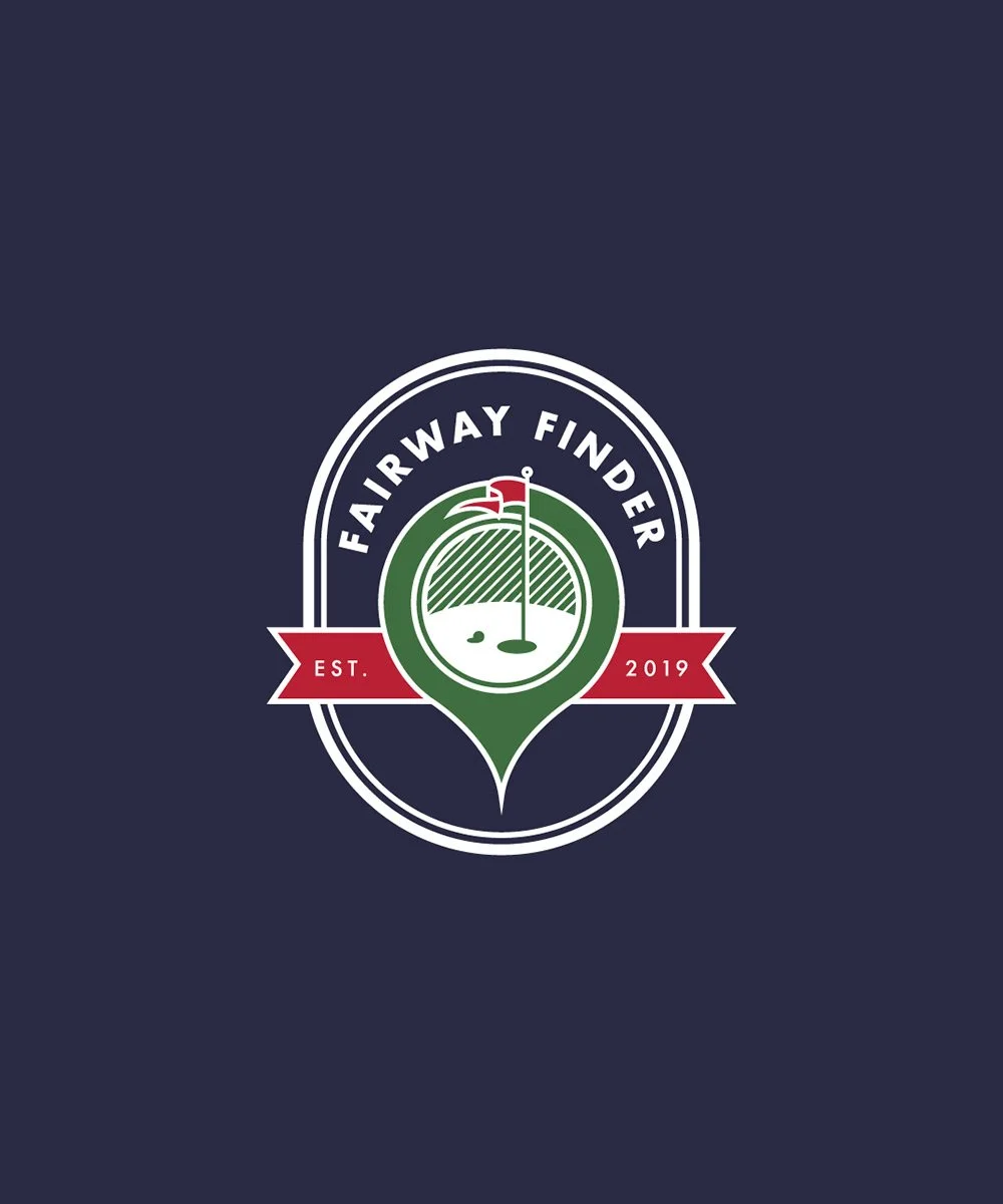Logo design for Fairway Finder with a golf flag, green, and flagstick, surrounded by the text 'Fairway Finder' and 'Est. 2019' on a red ribbon.