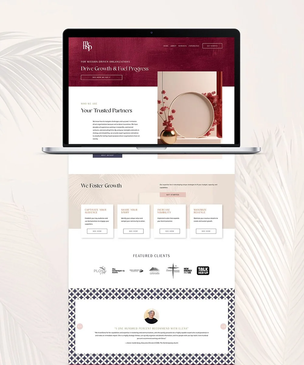 A laptop displaying a brand + website design with a maroon, white, and beige theme. The website promotes mission-driven organizations.