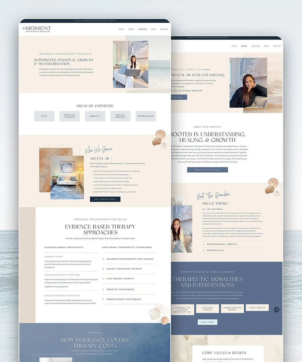 Screenshots of a mental health counseling website design featuring sections on therapy services, areas of expertise, client testimonials, and professional profiles, with a calming color palette and images of a woman at the beach and a cozy interior.