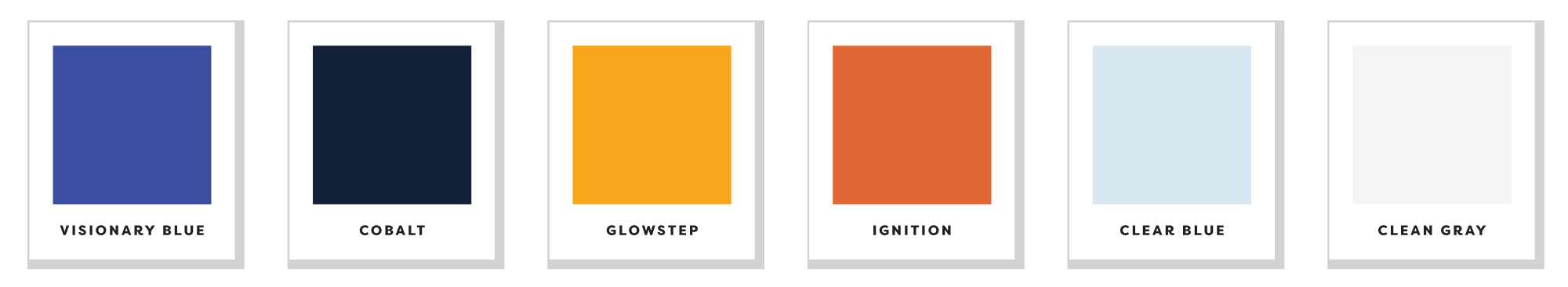 Executive coaching color palette design with labels: Visionary Blue, Cobalt, Glowstep, Ignition, Clear Blue, and Clean Gray.