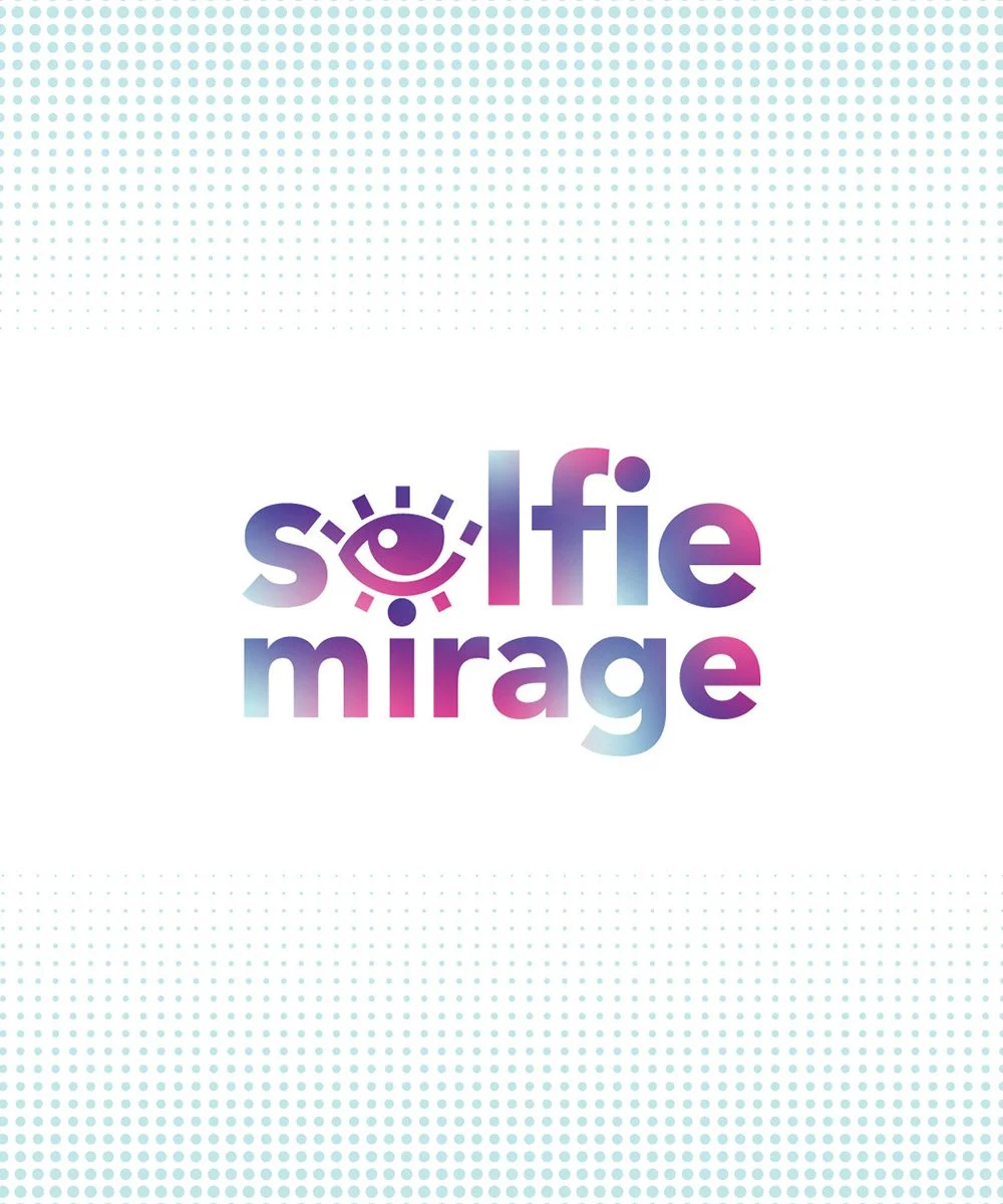 Selfie Mirage logo design with colorful gradient text and an eye symbol as part of the letter 'o' on a dotted light blue and white background.