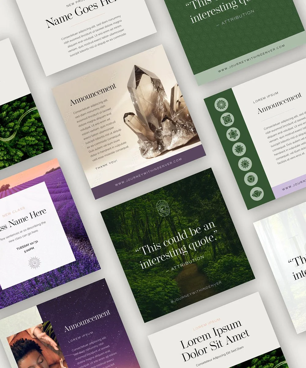 A collection of various editable social template designs and layouts featuring quotes, announcements, and images of nature, such as forests, lavender fields, and a crystal.