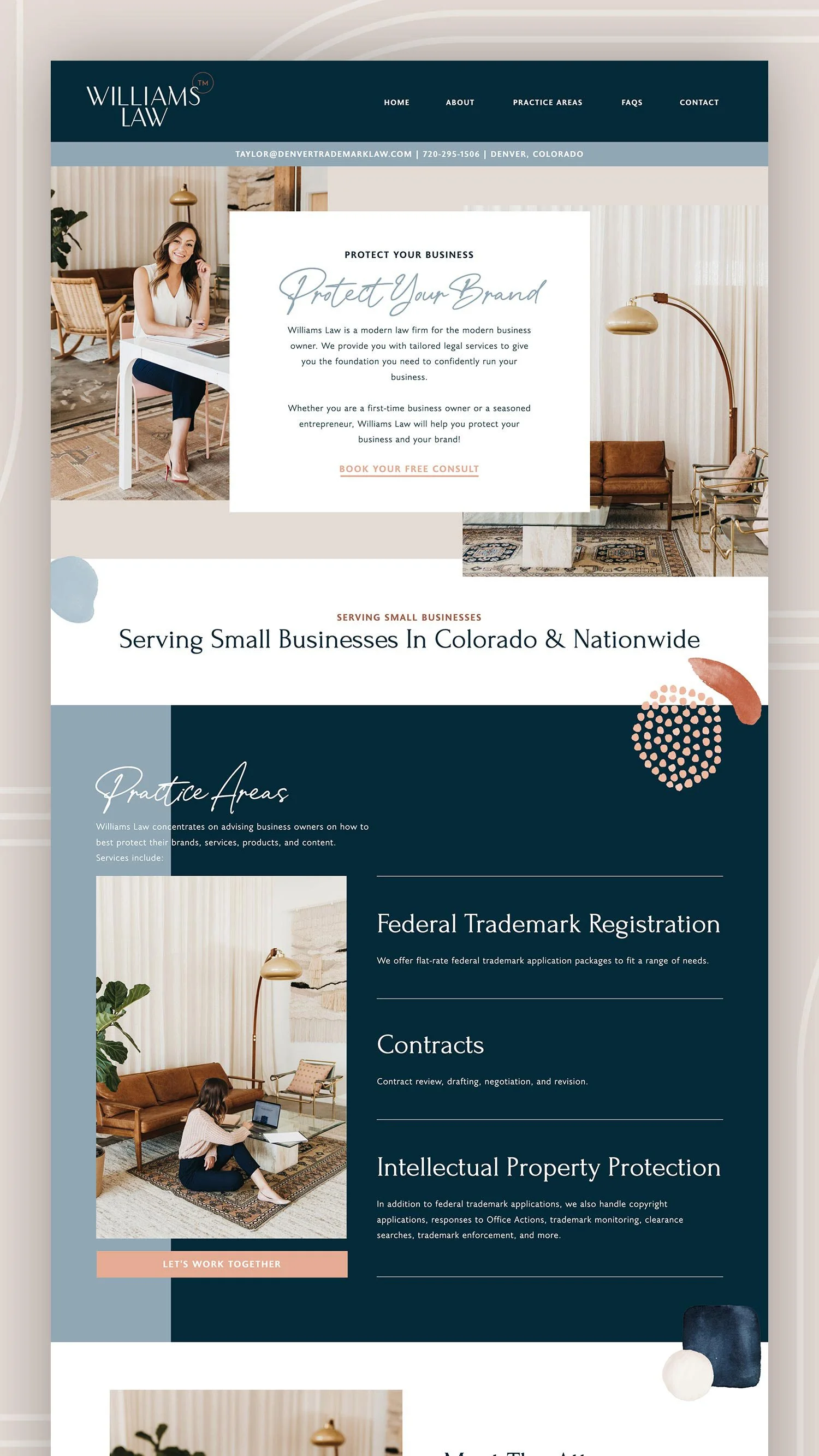 Screenshot of Williams Law website homepage design with a woman sitting at a table and text outlining legal services for small businesses in Denver.