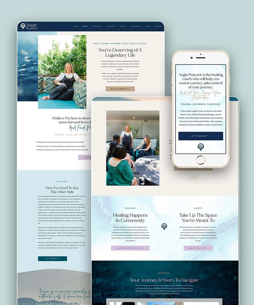 Website homepage design for Angie Peacock, a trauma-informed coach, displaying her services, story, and contact options, with a mobile view of the coaching information.