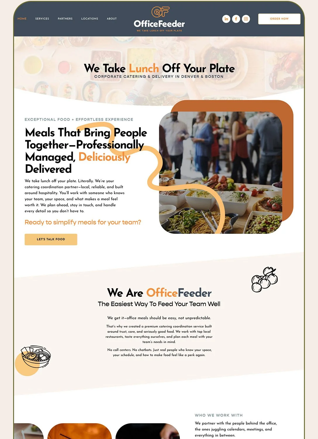 Website design for OfficeFeeder, a corporate catering and delivery service, featuring logo, color palette, a main headline about taking lunch off your plate, images of food and people at a gathering, and sections explaining their services.
