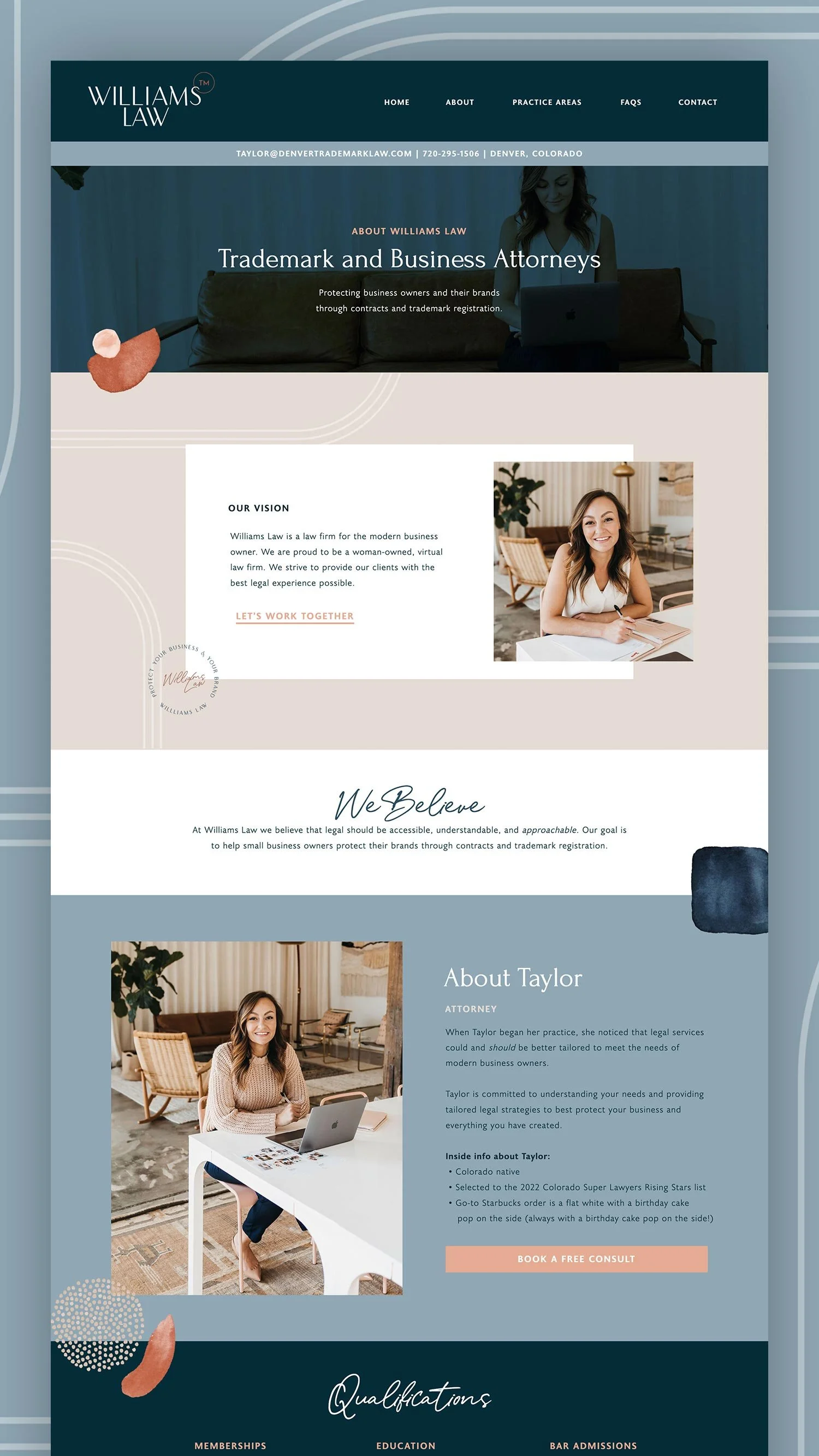 Homepage design of Williams Law law firm website featuring information about trademark and business attorneys, with images of a smiling woman, a professional woman working on a laptop, and sections detailing their vision.