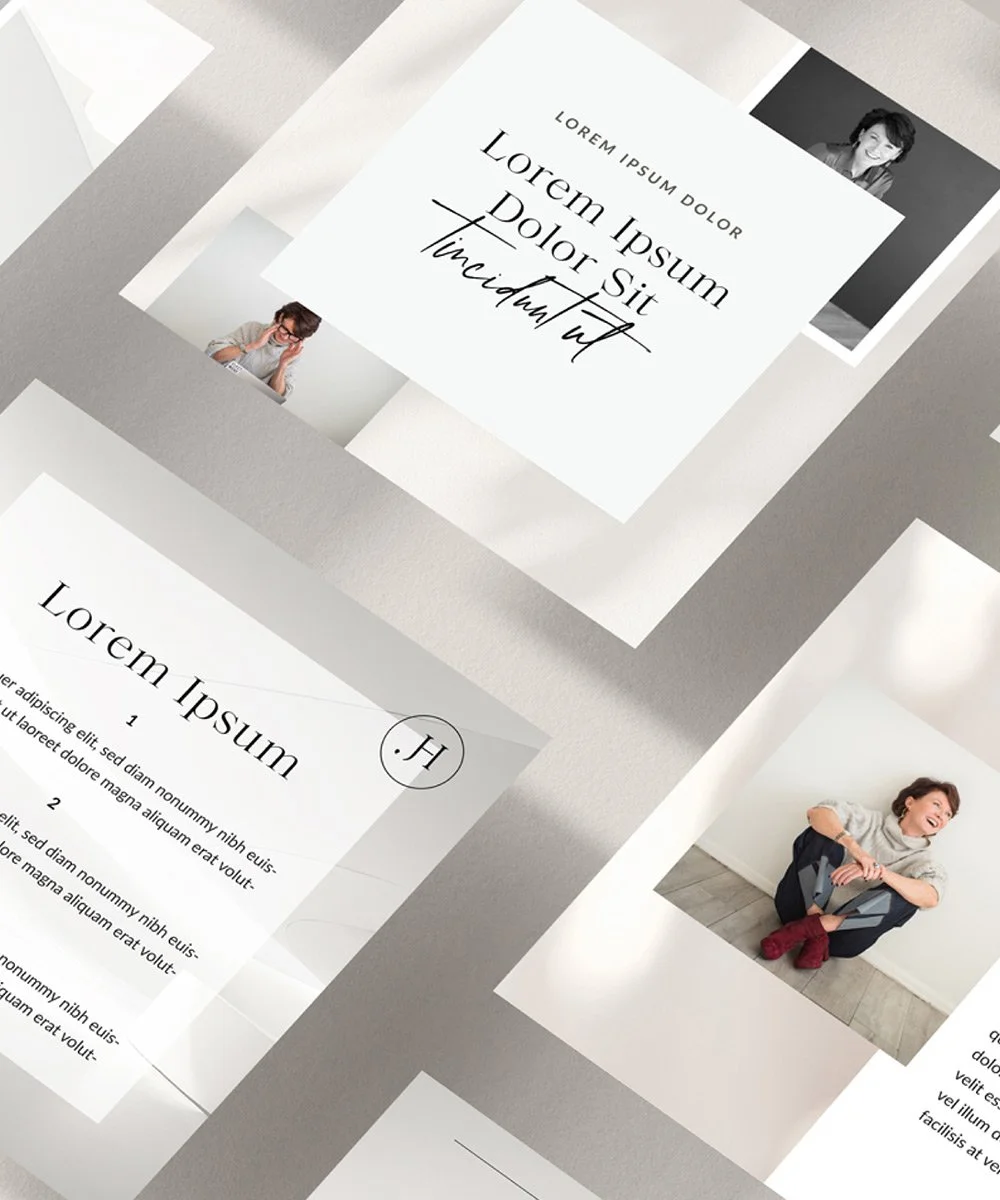 Collage of social media template designs featuring text, images of smiling women, and a design with white and gray tones.