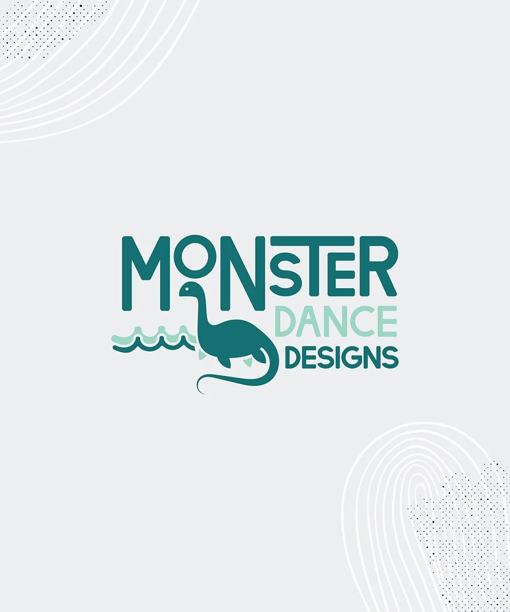 Logo design for Monster Dance Designs featuring a stylized dinosaur with water waves and the text 'Monster Dance Designs' in teal and light green.