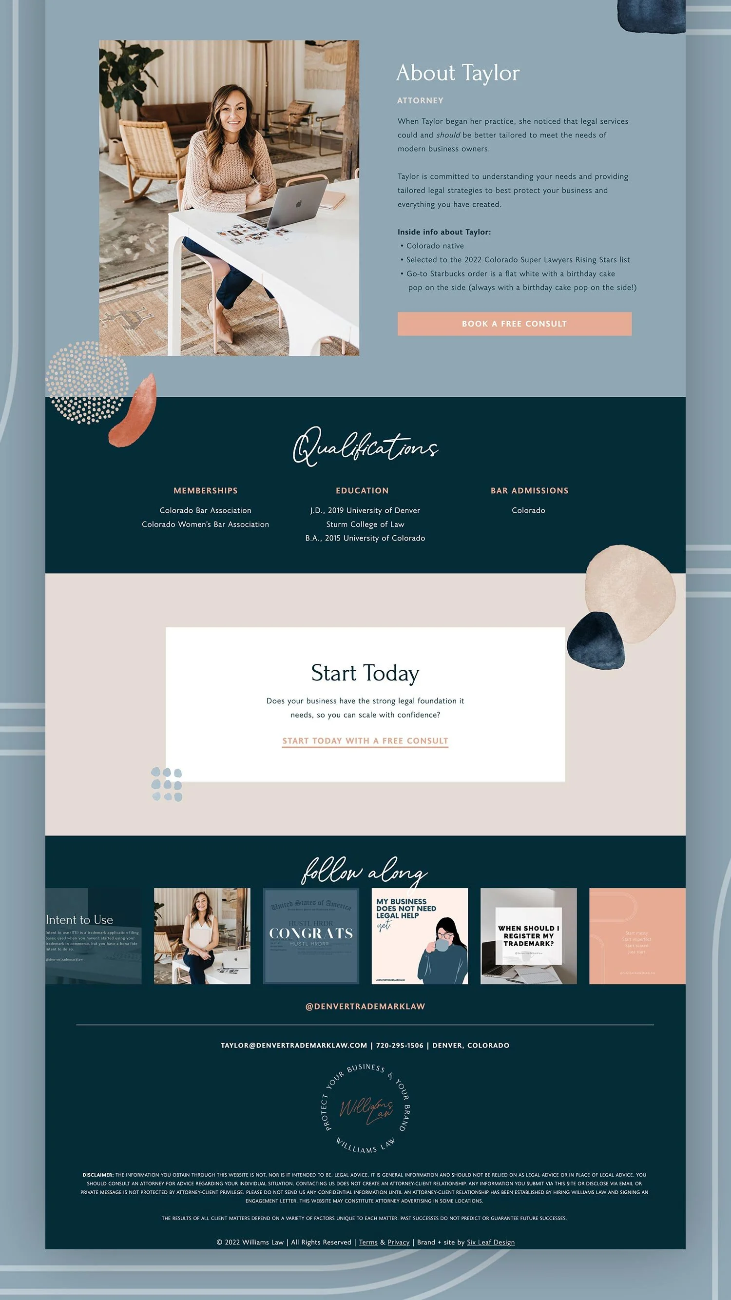 A website homepage design for a lawyer named Taylor, featuring an image of Taylor sitting at a desk with a laptop, and sections for about, qualifications, start today, and social media links.