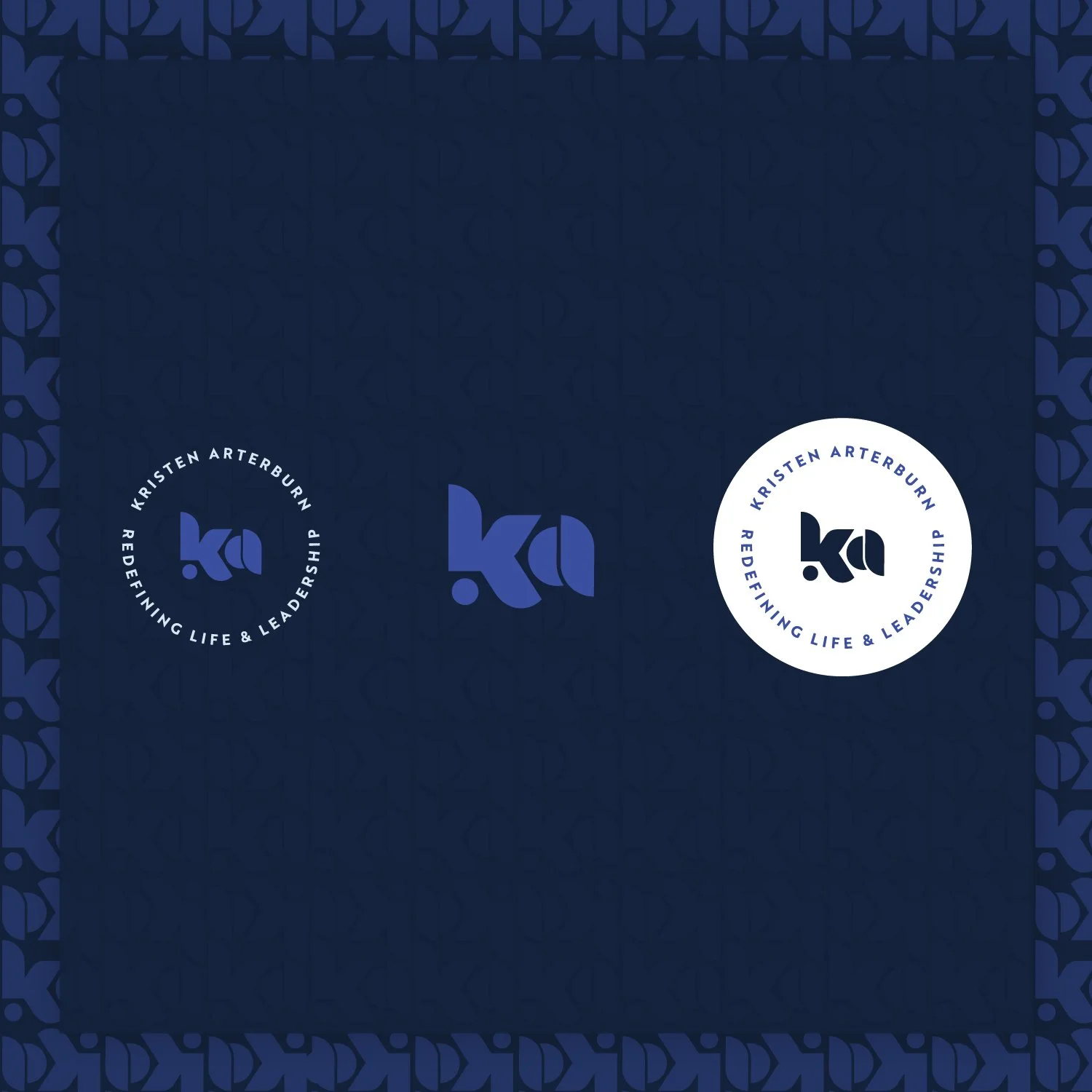 Blue background featuring the logo design of Kristen Arterburn's 'Redefining Life & Leadership' with the initials 'ka' in various arrangements and styles, surrounded by decorative patterns.