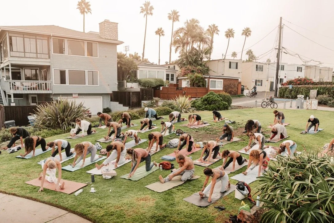 Group of people participating in outdoor yoga class on mats in a backyard with grass and palm trees, residential houses in the background, during sunset.