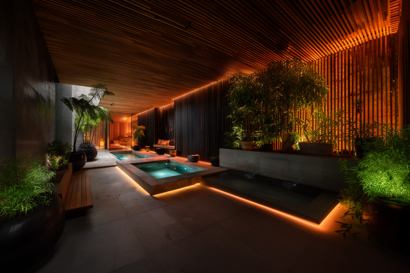 Indoor spa area with small pools, potted plants, and ambient lighting.