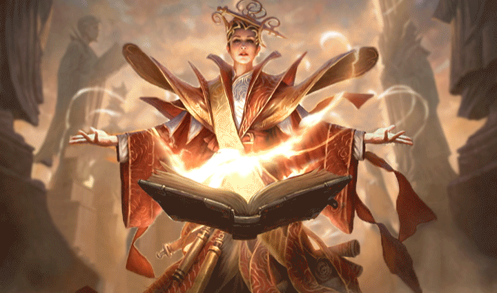 A female mage casting a spell with glowing energy from an open book, dressed in ornate robes with a mystical background.