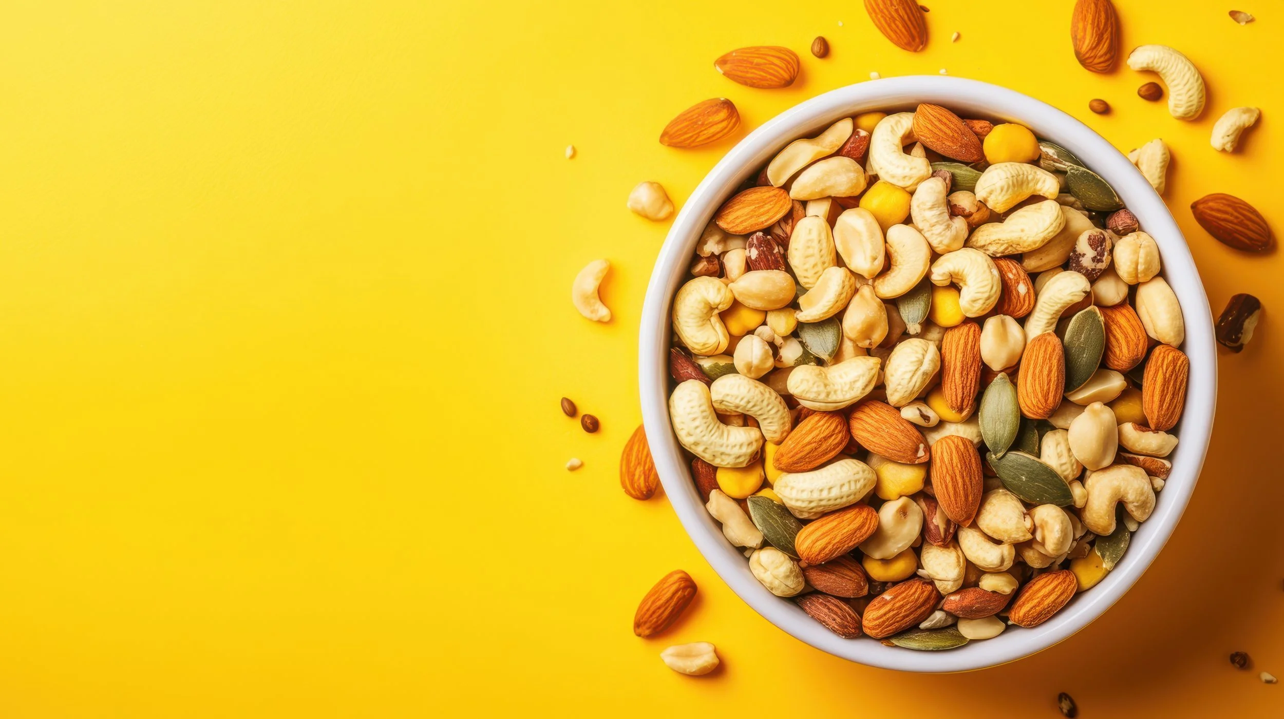 A white bowl filled with mixed nuts, including cashews, almonds, pumpkin seeds, sunflower seeds, and yellow corn kernels, on a bright yellow background with some nuts scattered around the bowl.