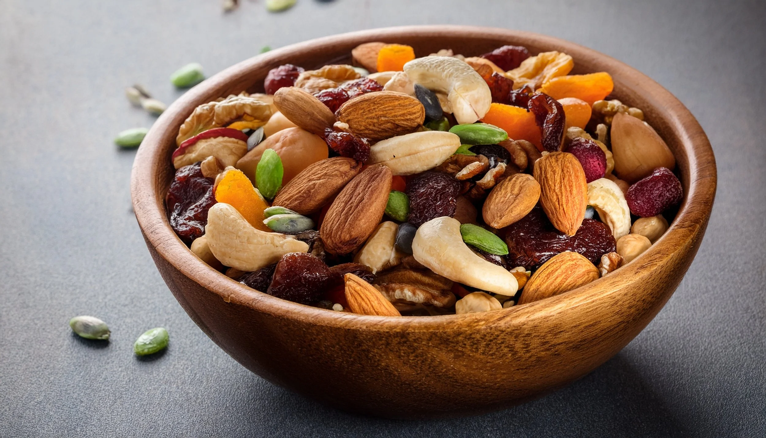 A wooden bowl filled with mixed nuts and dried fruits on a gray surface.