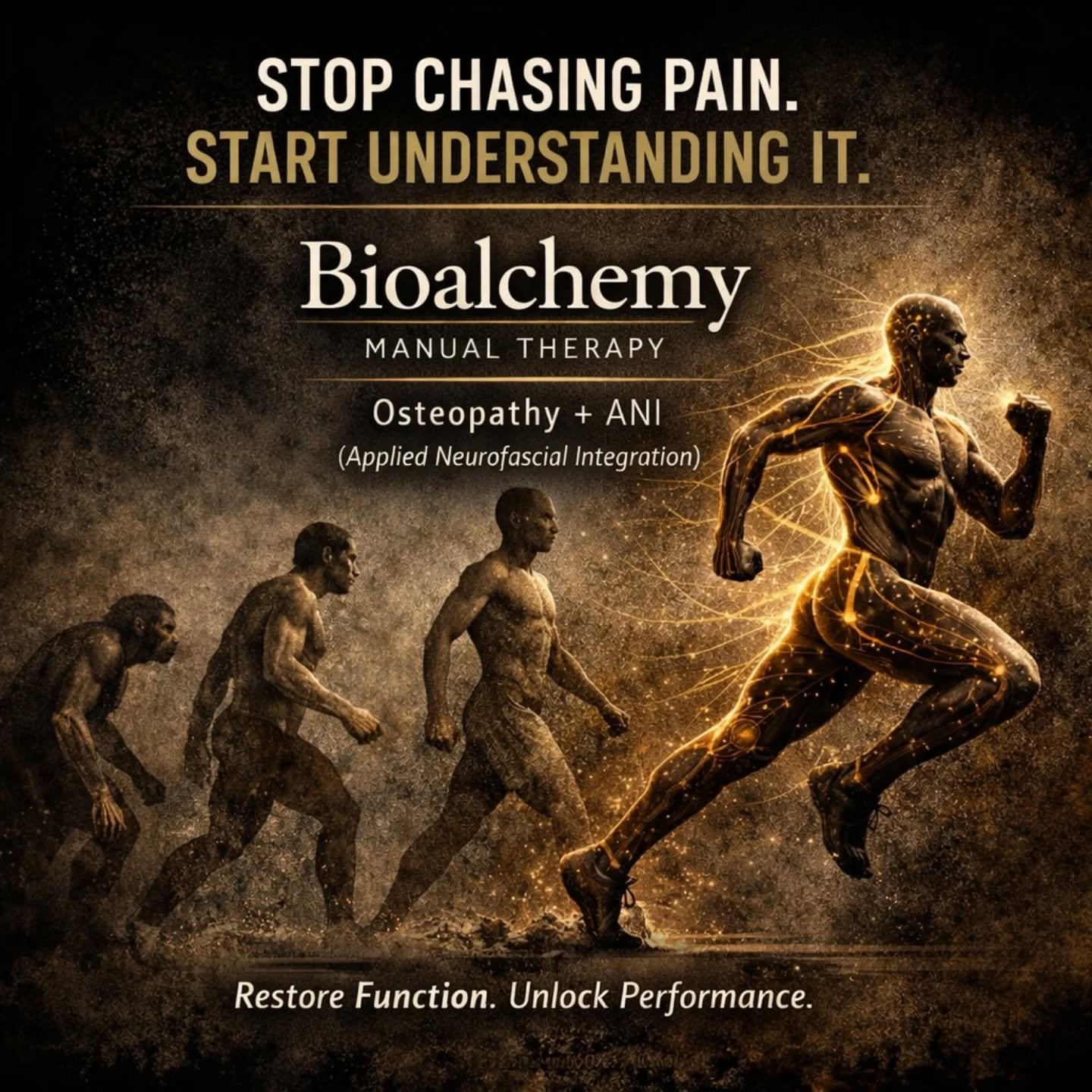 Pain isn&rsquo;t random.
It&rsquo;s communication.

Most people treat the symptom.
We decode the system.

At Bioalchemy, we combine:
⚡ Osteopathy
⚡ Applied Neurofascial Integration (ANI)
⚡ Nervous system + movement integration

To restore how your bo