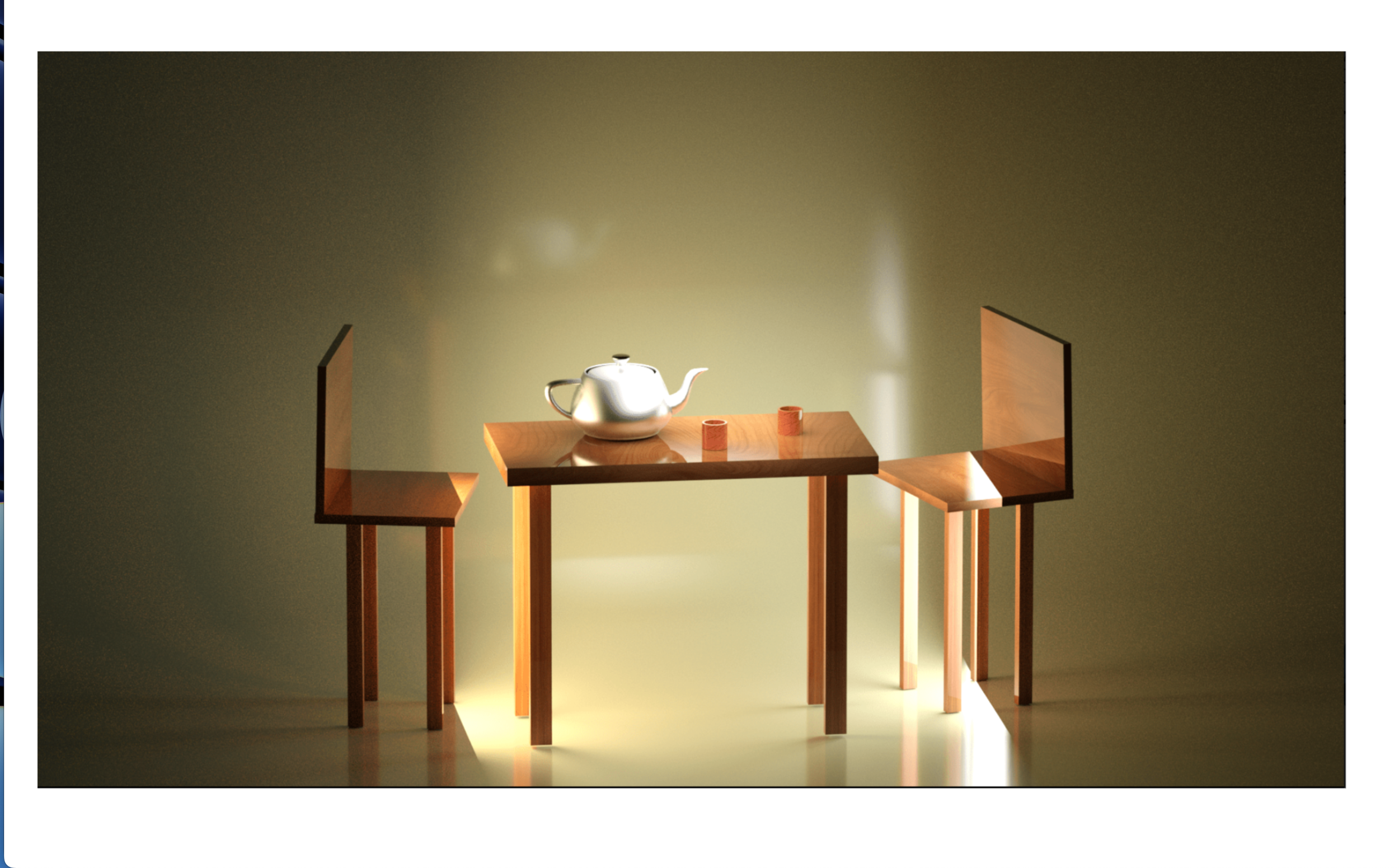 A miniature wooden table with two matching chairs, a white teapot, and two small wooden cups on the table, set against a plain gradient background.