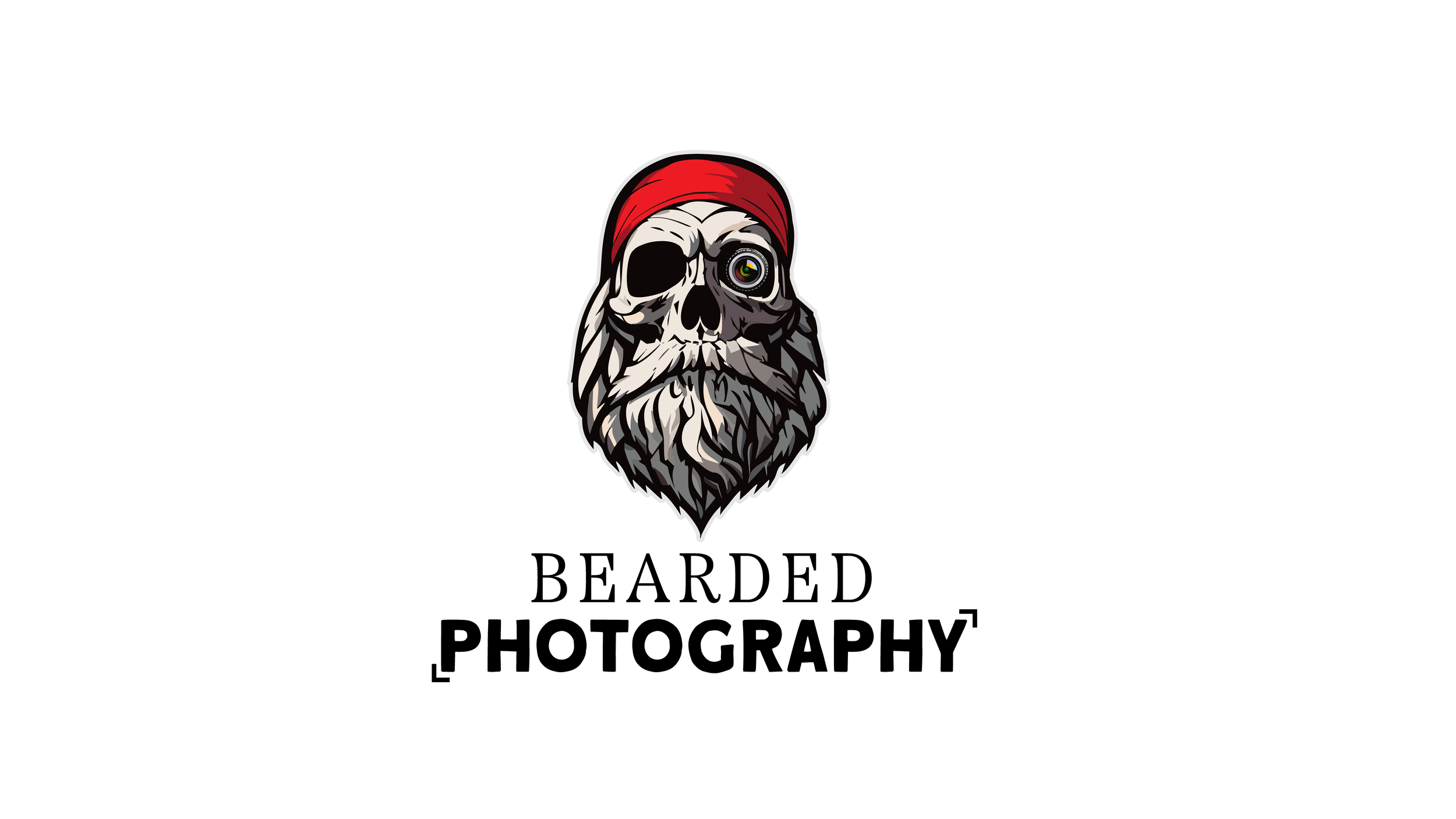 A graphic logo featuring a skull with a red bandana and a beard, one eye replaced with a camera lens, with the text 'Bearded Photography' below.