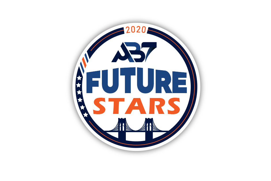 Design concept for AB7 Future Stars logo with color palette including navy blue, gray, light blue, and red, featuring circular logo variations for branding.