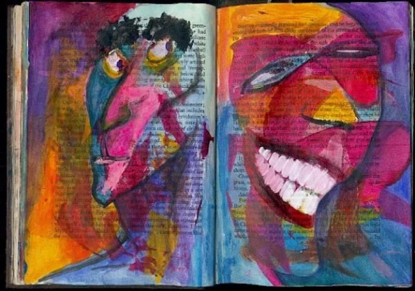 A colorful painting of two overlapping faces on a textured background with book page text. The left face has expressive eyes and dark hair, while the right face is smiling broadly with teeth visible.