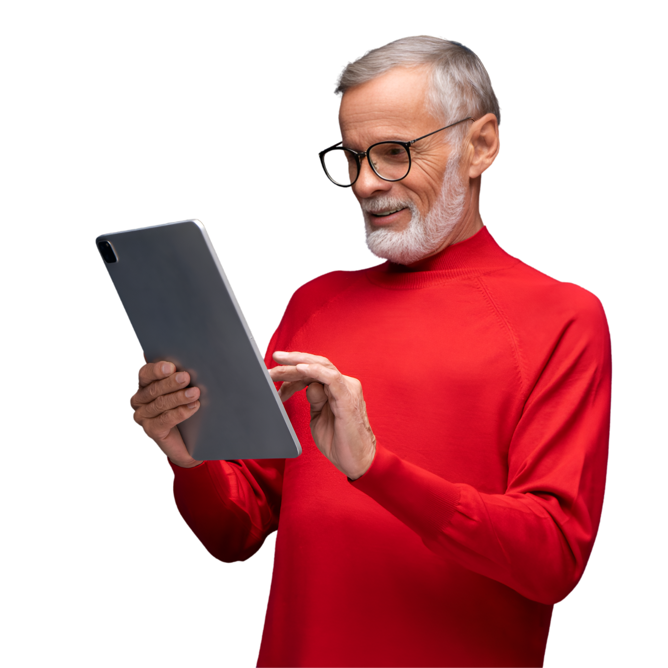An elderly man with gray hair, beard, glasses, wearing a red sweatshirt, is smiling and looking at a tablet device in his hands.