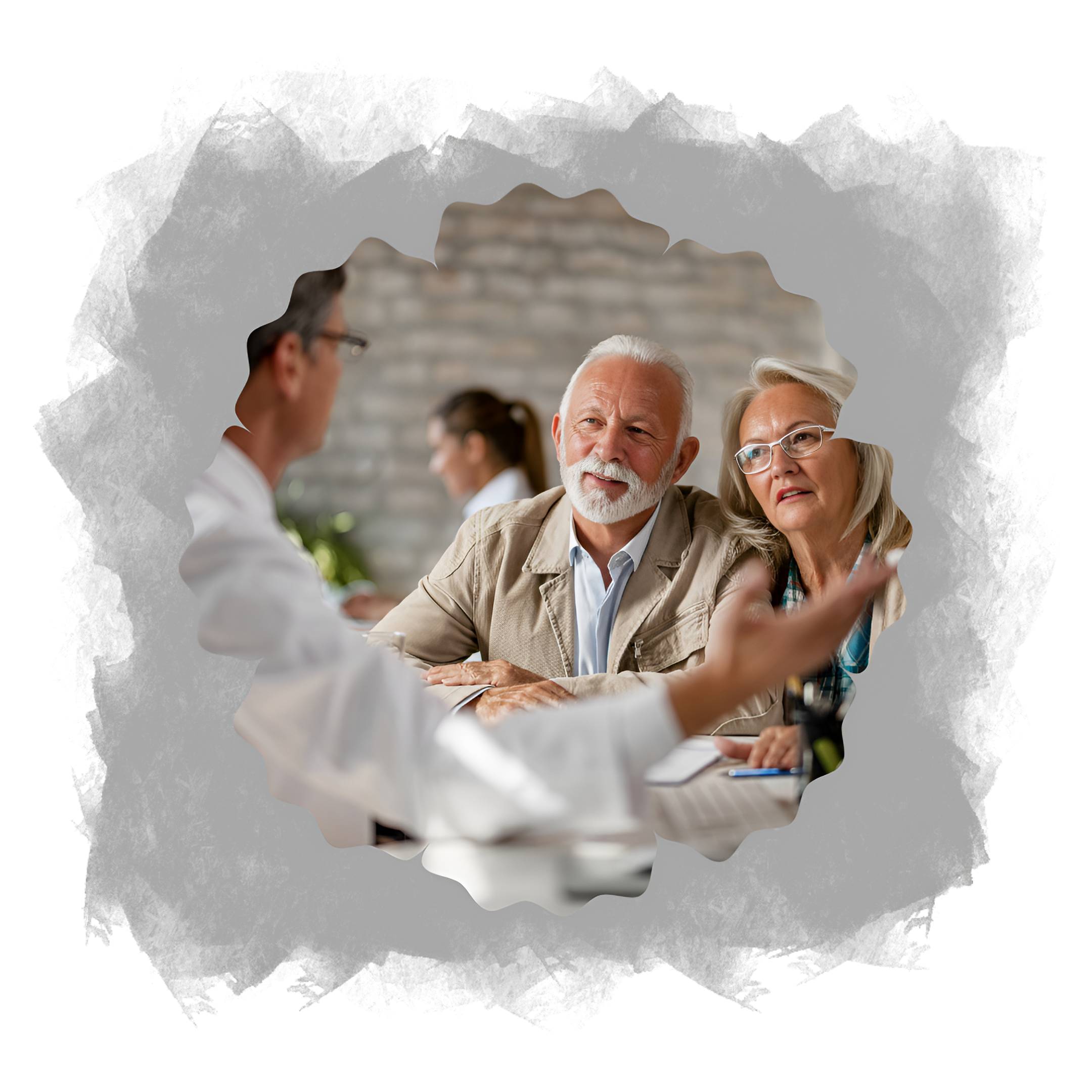 Older man and woman having a discussion with a man in glasses, with a woman in the background, in a professional or medical setting.
